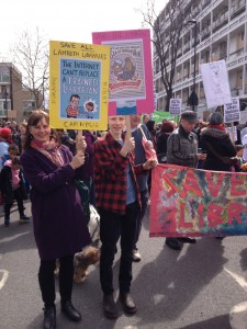 Margaret Bateson-Hill and a young supporter with signs made using illustrator Sarah McIntyre's marvellous designs: http://jabberworks.livejournal.com/741817.html